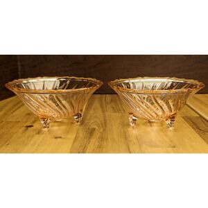 2 Vtg Jeanette Glass Candy Condiment Side Dish Footed Round Swirl Pink Jewelry